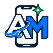 Logo stylisé AM bleu et blanc devant un smartphone, avec une clé et une étoile verte
