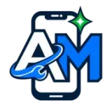 Logo AM bleu et blanc superposé à un smartphone, avec une clé bleue et une étoile verte